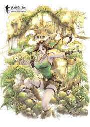  1girl aqua_tank_top belt_buckle bird braid braided_ponytail brown_hair brown_shorts buckle commentary_request eyewear_on_head fern gun h&amp;k_usp handgun holding holding_gun holding_weapon holster jewelry jungle lara_croft nature necklace overgrown parrot pixiv_tomb_raider_contest rachta_lin river rock ruins shorts skull smoke smoking_barrel tank_top temple thigh_holster tomb_raider weapon 
