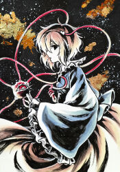  1girl blue_shirt commentary_request eyeball frilled_shirt_collar frilled_sleeves frills hair_ornament hairband heart heart_hair_ornament highres ikeda_ruriko komeiji_satori long_sleeves looking_at_viewer open_mouth pink_hair pink_skirt shirt short_hair skirt solo third_eye touhou wide_sleeves 