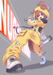  1girl :d animal_ears ankle_boots belt black_bra boots bra brown_hair commentary_request dog_ears dog_girl dog_tail double-parted_bangs ears_through_hood full_body futo-inu grey_background hair_between_eyes hands_up highres hololive hood hood_up hooded_jumpsuit hoso-inu inugami_korone inugami_korone_(yb-2_overalls) jumpsuit kyo_se listener_(inugami_korone) long_hair long_sleeves looking_at_viewer official_alternate_costume open_mouth partially_open_jumpsuit red_eyes smile solo sports_bra standing tail underwear virtual_youtuber white_belt white_boots yellow_jumpsuit 