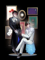  2boys black_gloves black_hair black_jacket black_vest brooch bug butterfly commentary crossed_legs daisy_(flower) flower formal_clothes frills full_body gears gloves hand_on_own_leg highres holding_hands invisible_chair jacket jewelry kim_dokja looking_at_viewer male_focus multiple_boys ochanomuu omniscient_reader's_viewpoint photo_(object) poppy_(flower) shirt short_hair sitting starry_sky_print untranslatable_commentary vest white_gloves white_jacket white_shirt yoo_joonghyuk 
