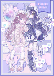  2girls ;< ;3 animal_hat asymmetrical_footwear black_hair black_hat black_necktie black_pantyhose black_shoes black_skirt black_socks blush bow bowtie brown_hair cat_hat closed_mouth commentary cross-laced_clothes cross-laced_sleeves dress fishnet_pantyhose fishnets frilled_dress frilled_skirt frilled_socks frills full_body grid_background hat highres jacket kneehighs long_hair long_sleeves looking_at_viewer loose_socks mismatched_footwear multicolored_hair multiple_girls necktie one_eye_closed open_clothes open_jacket original outline pantyhose pink_bow pink_bowtie pink_dress pink_outline pink_shoes platform_shoes sango_(35sangosan) shirt shoes skirt sleeve_bow sleeves_past_fingers sleeves_past_wrists smile socks split-color_hair standing standing_on_one_leg two-tone_hair violet_eyes wavy_hair white_bow white_hair white_hat white_outline white_shirt white_socks yellow_eyes 