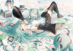  1girl absurdres aqua_eyes aqua_hair aqua_nails aqua_necktie aqua_trim arm_up armpits black_skirt blush boots breasts collared_shirt commentary_request detached_sleeves full_body grey_shirt hair_between_eyes hair_ornament hatsune_miku headset highres hty_kaku long_hair long_sleeves looking_at_viewer lying magical_mirai_(vocaloid) magical_mirai_miku magical_mirai_miku_(2013) medium_breasts miku_day miniskirt necktie on_back one_eye_closed open_mouth pleated_skirt rabbit_yukine redial_(vocaloid) shirt skirt sleeveless sleeveless_shirt solo thigh_boots very_long_hair vocaloid wide_sleeves 