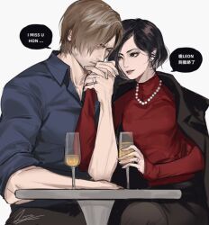  1boy 1girl ada_wong black_hair blonde_hair blue_skirt brown_coat brown_hair chinese_commentary closed_eyes coat coat_on_shoulders commentary_request couple cup earrings hetero holding holding_cup husband_and_wife jewelry kiss kissing_hand leon_s._kennedy lips looking_at_another meow_(cindy738) mixed-language_text necklace pearl_earrings pearl_necklace red_sweater resident_evil resident_evil_requiem ring short_hair signature simple_background sitting skirt speech_bubble sweater table turtleneck turtleneck_sweater upper_body wedding_ring white_background wing_collar 
