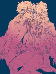  2boys belt_buckle blue_background boots braid brooch buckle cape collared_shirt corsage dual_persona expressionless eye_contact eyepatch feet_out_of_frame flower_brooch frilled_sleeves frills gloves hair_between_eyes hair_ornament hairclip high_ponytail highres holostars holostars_english jacket jewelry knee_boots lapels long_hair long_sleeves looking_at_another male_focus mandarin_collar monochrome multiple_boys neck_ribbon notched_lapels octavio octavio_(2nd_costume) official_alternate_costume one_eye_covered pants parted_lips pink_eyes pink_theme pleated_sleeves ponytail puppochi ribbon shirt short_hair shoulder_belt side_braids simple_background sitting sleeve_cuffs smile spot_color stole tassel virtual_youtuber wariza 