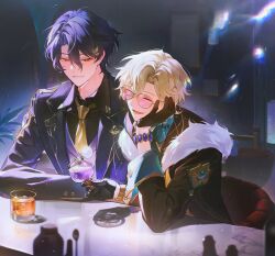  2boys absurdres alcohol aventurine_(honkai:_star_rail) azsxstar black_gloves black_jacket black_shirt blonde_hair blue_hair bottle bracelet closed_eyes cup dr._ratio_(honkai:_star_rail) drinking_glass elbow_on_table fur_trim glasses gloves hashtag-only_commentary head_rest highres holding honkai:_star_rail honkai_(series) jacket jewelry lapels laurels long_sleeves looking_to_the_side male_focus multiple_boys necktie notched_lapels open_mouth parted_hair pink-tinted_eyewear red_eyes shirt shot_glass sideways_glance sitting sleeve_cuffs smile tinted_eyewear whiskey white_fur wine_glass yellow_necktie 
