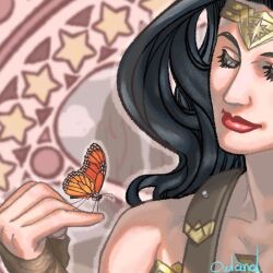  1girl bare_shoulders black_hair bug butterfly butterfly_on_hand circlet close-up commentary_request dc_comics eyelashes light_smile long_hair mixed-language_commentary owl_and red_lips signature wonder_woman wonder_woman_(series) 