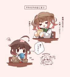  3girls black_hair bloom2425 braid brown_sweater collared_shirt commentary_request donut_hair_bun double_bun dress dress_shirt drinking hair_bun hair_flaps head_only highres kantai_collection long_hair michishio_(kancolle) michishio_kai_ni_(kancolle) multiple_girls murasame_(kancolle) pinafore_dress shigure_(kancolle) shigure_kai_ni_(kancolle) shirt single_braid sleeveless sleeveless_dress solid_oval_eyes sweater translation_request white_shirt 