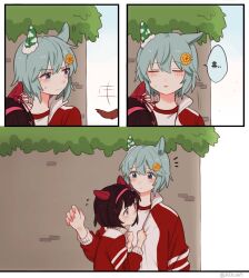  2girls animal_ears aqua_hair black_hair blue_eyes blush closed_eyes clothes_grab commentary_request ear_covers grabbing_another's_shirt hairband horse_ears horse_girl horse_tail jacket korean_commentary long_sleeves multiple_girls nishino_flower_(umamusume) open_mouth pants pink_hairband red_jacket red_pants rio_(rio_067) seiun_sky_(umamusume) shirt short_hair single_ear_cover tail translation_request umamusume violet_eyes white_shirt yuri 