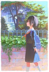  1girl backpack bag black_hair black_shirt black_skirt blue_eyes border bug butterfly commentary_request day feel_(nasitaki) from_side highres house kneehighs medium_skirt neckerchief orange_neckerchief original outdoors pleated_skirt sailor_collar scenery school_uniform serafuku shirt short_hair skirt socks sunlight tree white_border white_butterfly white_sailor_collar white_socks 