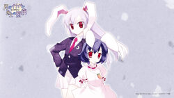  2girls animal_ears arata_toshihira black_hair blue_background copyright_logo copyright_notice hieroglyphics highres inaba_of_the_moon_and_inaba_of_the_earth inaba_tewi logo miniskirt multiple_girls official_art official_wallpaper rabbit_ears red_eyes reisen_udongein_inaba skirt touhou touhou_bougetsushou 