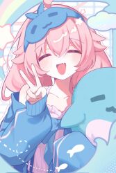  1girl :d ahoge alternate_hairstyle blue_archive blue_jacket blush closed_eyes commentary_request facing_viewer fang hair_flaps highres holding holding_stuffed_toy hoshino_(blue_archive) imro_0000 jacket long_hair loungewear nightgown open_clothes open_jacket open_mouth pink_hair sidelocks skin_fang sleep_mask smile solo star_(symbol) stuffed_toy stuffed_whale upper_body v white_nightgown 