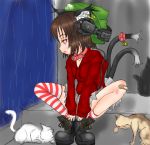  animal_ears bandaid boots brown_hair casual cat cat_ears cat_tail chen contemporary dog earrings hat headphones jewelry multiple_tails rain short_hair solo tail thighhighs touhou 