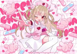  1girl ;d apron blonde_hair blush commentary_request dress fang feet_out_of_frame grid_background hair_ornament happy_birthday hat long_hair looking_at_viewer natori_sana natori_sana_(nurse) nurse_cap one_eye_closed open_mouth outstretched_arm pink_apron pink_hat pink_sandals rabbit_hair_ornament red_eyes sana_channel sandals short_dress short_sleeves skin_fang smile solo thigh-highs two_side_up virtual_youtuber w watermark white_background white_dress white_thighhighs zest_(lossol) zettai_ryouiki 