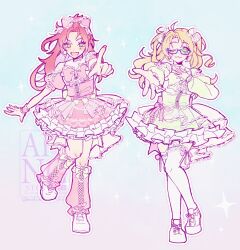  2girls ahoge alternate_costume alternate_hairstyle bangs_pinned_back blonde_hair blue-framed_eyewear bow closed_mouth commentary dress ensemble_stars! frilled_dress frills full_body genderswap genderswap_(mtf) glasses gradient_background green_dress green_eyes hair_bow hand_on_own_chest highres index_finger_raised isara_mao leg_warmers long_hair long_sleeves looking_at_viewer multiple_girls multiple_hair_bows nanana_(mashumaronanana) one_eye_closed open_mouth outstretched_arm pink_bow pink_dress pink_hair pink_leg_warmers pointing pointing_at_viewer puffy_short_sleeves puffy_sleeves semi-rimless_eyewear shoes short_sleeves smile standing standing_on_one_leg thigh-highs twintails white_shoes white_thighhighs yuuki_makoto_(ensemble_stars!) 