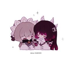  black_hair blush bonnet bow brown_hair cheek-to-cheek chibi closed_eyes closed_mouth coat columbina_(genshin_impact) fatui_coat fur_collar genshin_impact hair_bun hair_ornament head_wings heads_together long_hair multicolored_hair multiple_girls purple_hair purple_streaks sandrone_(genshin_impact) short_hair_with_long_locks simple_background smile streaked_hair twitter_username two-tone_hair very_long_hair white_background white_bow white_coat white_wings wing_hair_ornament wings xu_(i4i52ii9) yuri 