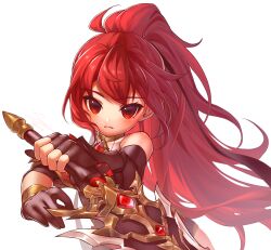  1girl bare_shoulders black_gloves closed_mouth dated elesis_sieghart fingerless_gloves floating_hair gloves grand_chase hatsusen holding holding_sword holding_weapon long_hair looking_at_viewer mixed-language_commentary ponytail red_hair signature simple_background single_fingerless_glove solo sword weapon white_background 