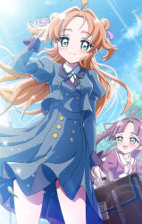  2girls absurdres ahoge akechi_anna bag blush breasts brown_hair buttons closed_mouth collared_shirt commentary_request fingernails futa-futa green_eyes hair_between_eyes highres holding kobayashi_mikuru long_hair long_sleeves looking_at_another looking_at_viewer meitantei_precure! multiple_girls orange_eyes outdoors own_hands_together precure puffy_sleeves school_bag school_uniform shirt small_breasts smile white_shirt 