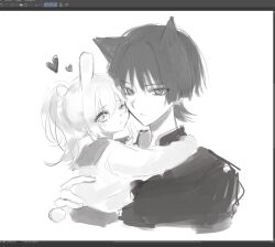  1boy 1girl alternate_costume alternate_hairstyle animal_ears art_program_in_frame asymmetrical_sidelocks blunt_ends cat_boy cat_ears cheek-to-cheek choppy_bangs closed_mouth commentary_request contemporary cropped_torso cross-shaped_pupils eyelashes gakuran genshin_impact gift_art greyscale hair_between_eyes hand_on_another's_back heads_together heart hetero highres hug korean_commentary looking_at_viewer monochrome nahida_(genshin_impact) one_eye_closed pointy_ears ponytail popped_collar rabbit_ears rabbit_girl sailor_collar scaramouche_(genshin_impact) school_uniform serafuku sidelocks sketch symbol-shaped_pupils talking_ok tsurime 