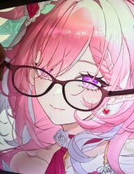  1girl commentary earrings elf elysia_(hi_love_elf)_(honkai_impact) elysia_(honkai_impact) english_commentary glasses heart heart_earrings highres honkai_(series) honkai_impact_3rd jewelry long_hair multicolored_hair photo_(medium) pink_hair pointy_ears portrait solo two-tone_hair very_long_hair violet_eyes white_hair ying_haram 