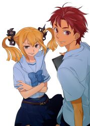  1boy 1girl belt black_ribbon blonde_hair blue_bow blue_bowtie blue_skirt bow bowtie breasts brown_eyes chuo_tanegashima_high_school_uniform collared_shirt commentary_request cowboy_shot crossed_arms grin hair_between_eyes hair_ribbon highres holding holding_tablet_pc ikuhashi_muiko koujiro_frau long_hair looking_at_viewer looking_back midriff_peek parted_bangs pleated_skirt red_eyes red_hair ribbon robotics;notes sailor_collar school_uniform science_adventure serafuku shirt short_hair short_sleeves skirt small_breasts smile tablet_pc teeth twintails white_background white_sailor_collar white_shirt yashio_kaito 