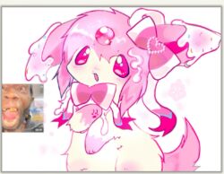  blush bow bowtie chibi forehead_jewel hair_bow hair_sprinkles highres icing lottie_(gravyalloverhim) pawpads pink_eyes pink_hair pink_tail pokemon ribbon sylveon third-party_source 