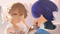  1boy 1girl absurdres bare_shoulders black_bodysuit blonde_hair blue_kimono blunt_ends bodysuit bow braid bridal_gauntlets detached_sleeves earrings eyelashes facing_another fingernails flower gem genshin_impact gold_earrings grabbing_another's_hand hair_flower hair_ornament half_up_braid hand_up hetero highres japanese_clothes jewelry juban kimono kiss kissing_hand leafy_fumi looking_at_another lumine_(as_heaven_and_earth_are_made_anew)_(genshin_impact) lumine_(genshin_impact) official_alternate_costume outdoors parted_lips purple_hair red_gem scaramouche_(genshin_impact) scarf short_hair short_hair_with_long_locks side_cape sidelighting sidelocks turtleneck turtleneck_bodysuit twitter_username wanderer_(genshin_impact) white_bow white_bridal_gauntlets white_flower white_kimono white_mouth white_scarf white_sleeves yellow_eyes 