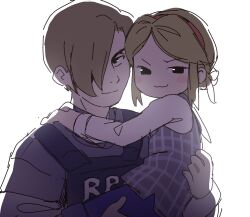  1boy 1girl age_difference blonde_hair blush_stickers character_request commentary copyright_request english_commentary flak_jacket hair_over_one_eye highres jacket leon_s._kennedy orenjipiiru police police_uniform policeman resident_evil resident_evil_2 resident_evil_2_(remake) sherry_birkin short_hair simple_background smug white_background 