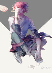  2boys 2y absurdres clothes_around_waist collarbone commentary_request dated denim elbow_on_knee free! full_body highres holding holding_jewelry holding_necklace invisible_chair jeans jewelry layered_sleeves long_sleeves male_focus matsuoka_rin multiple_boys necklace out_of_frame pants red_eyes red_hair ring ring_necklace shirt shirt_around_waist shoes short_hair short_over_long_sleeves short_sleeves signature sitting solo_focus v-neck white_shirt yamazaki_sousuke 