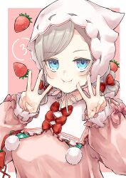  1girl :i absurdres blue_eyes bonnet border bow bowtie ceras_yanagida_lilienfeld closed_mouth commentary_request double_bun dress finger_counting food fruit grey_hair hair_bow hair_bun highres link!_like!_love_live! looking_at_viewer love_live! mendo_(mend0o0) official_alternate_costume outside_border pink_background pink_dress red_bow red_bowtie solo strawberry upper_body virtual_youtuber white_bonnet white_border 