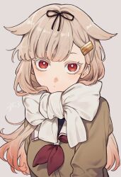  1girl black_ribbon blonde_hair bright_pupils brown_cardigan cardigan colored_eyelashes commentary hair_flaps hair_ribbon highres kantai_collection light_blush long_hair long_sleeves looking_at_viewer neckerchief red_eyes red_neckerchief ribbon sailor_collar scarf simple_background solo sumoffu untranslatable_commentary upper_body white_pupils white_sailor_collar white_scarf yuudachi_(kancolle) yuudachi_kai_ni_(kancolle) 