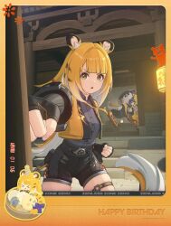 1boy animal_ears fighting_stance happy_birthday ju_fufu long_hair multiple_girls pan_yinhu practicing tiger_ears tiger_girl tiger_tail zenless_zone_zero