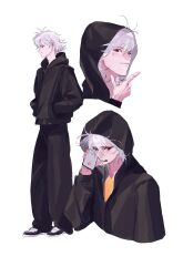  1boy adam's_apple baggy_pants black_hoodie black_pants blush commentary_request hands_in_pockets highres holding holding_phone hood hood_up hoodie male_focus multiple_views nagisa_kaworu neon_genesis_evangelion pants phone red_eyes short_hair simple_background ssssenferda talking_on_phone white_background white_hair 