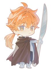  1boy :< ahoge black_shirt brown_cape cape chibi chibi_only closed_mouth coat commentary_request fate/grand_order fate_(series) full_body gloves gyeoulgam hair_between_eyes hand_up holding holding_knife hood hooded_cape knife korean_commentary lab_coat long_hair looking_at_viewer low_ponytail male_focus open_clothes open_coat orange_hair oversized_object pants ponytail romani_archaman shirt shoes simple_background solo standing v-shaped_eyebrows vest white_background white_coat white_gloves white_pants white_shoes white_vest yellow_eyes 