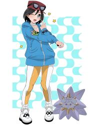  1boy ;d blue_hoodie bracelet calem_(pokemon) commentary_request cosplay crossdressing crossdressing_(mtf) espurr eyewear_on_headwear grey_eyes hand_up hat highres holding holding_poke_ball hood hood_down hoodie jewelry knees leggings lida_(pokemon) lida_(pokemon)_(cosplay) long_sleeves male_focus one_eye_closed poke_ball poke_ball_(basic) pokemon pokemon_(creature) pokemon_legends:_z-a pokemon_xy red_hat ribbed_socks sana_(37pisana) shoes smile socks standing star_(symbol) starmie starmie_(cosplay) sunglasses white_shoes white_socks 