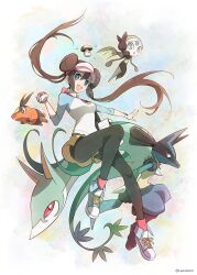  1girl black_fur black_pantyhose blue_eyes blue_fur blush breasts brown_hair commentary donut_hair_bun double_bun foongus furry green_hair hair_bun hat highres holding holding_poke_ball laevatein_(la3vatein) long_hair looking_at_viewer lucario medium_breasts meloetta meloetta_(aria) mushroom open_mouth pantyhose pantyhose_under_shorts pink_socks poke_ball poke_ball_(basic) poke_ball_print pokemon pokemon_(creature) pokemon_bw2 raglan_sleeves red_eyes rosa_(pokemon) serperior shirt shoes shorts smile snake socks spikes tail tepig twintails visor_cap yellow_fur yellow_shorts 