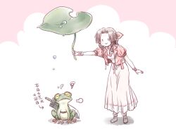  1boy 1girl aerith_gainsborough animalization bangle boots bracelet braid braided_ponytail breasts brown_boots buster_sword choker cloud_strife commentary_request cropped_jacket dress final_fantasy final_fantasy_vii final_fantasy_vii_remake flower_choker frog gamesuzume hair_ribbon holding holding_leaf jacket jewelry leaf leaning_forward long_dress medium_breasts parted_bangs pink_dress pink_ribbon puffy_short_sleeves puffy_sleeves red_jacket ribbon short_sleeves sidelocks sigh smile squiggle sword sword_on_back weapon weapon_on_back 