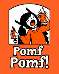  1girl 2boys absurdres android closed_eyes dress eating expressionless furry furry_male highres humanoid_robot imminent_eating jcm2 little_caesar mecha mecha_musume multiple_boys open_mouth original pomf_(jcm2) raccoon_boy robot scared toon_(style) twintails 