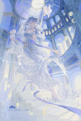  2girls 3girls absurdres blue_eyes blue_hair chibi commentary_request dress halo highres holding lin_qing_(phosphorus_1104) long_hair looking_up multicolored_eyes multiple_girls original pink_hair pointy_ears shoes veil violet_eyes watermark white_dress white_shoes wings 