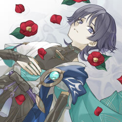  1boy anemo_symbol_(genshin_impact) armor belt black_belt black_bodysuit black_bow black_bridal_gauntlets black_shorts blue_cape blue_gem blue_kimono blue_sleeves blunt_ends bodysuit bow bridal_gauntlets cape clothing_cutout commentary_request dutch_angle eyeliner feathers fingernails flower from_above furisode gem genshin_impact gold_ring grey_background grey_hair hand_on_own_stomach hip_vent japanese_armor japanese_clothes juban kimono kote kurokote layered_sleeves looking_at_viewer lying lying_on_water makeup male_focus mandarin_collar middle_ring momonga_damon on_back on_liquid open_clothes open_hand open_kimono parted_lips petals pom_pom_(clothes) purple_sash red_eyeliner red_flower red_petals ringed_eyes ripples sash scaramouche_(genshin_impact) short_sleeves shorts shoulder_peek side_cape solo violet_eyes vision_(genshin_impact) wanderer_(genshin_impact) white_kimono white_mouth white_sleeves white_trim yellow_feathers 