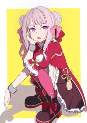  absurdres commentary_request dress goodboy_(0gizen) hair_ornament hair_ribbon hand_on_own_face highres himehina_channel leggings looking_at_viewer open_mouth pink_hair purple_leggings red_dress ribbon squatting tanaka_hime violet_eyes virtual_youtuber 