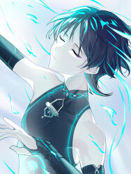  1boy arm_up armor bare_shoulders black_bodysuit black_bridal_gauntlets black_hair blue_hair blunt_ends bodysuit bridal_gauntlets choppy_bangs closed_eyes commentary_request eyeliner facing_up genshin_impact glowing_markings grey_background hand_up highres japanese_armor kote kurokote makeup male_focus mandarin_collar middle_ring momonga_damon multicolored_hair open_hand red_eyeliner scaramouche_(genshin_impact) solo streaked_hair wanderer_(genshin_impact) 