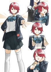  2girls :d ;d ^_^ absurdres alternate_costume arknights black_hair black_jacket black_skirt blue_bow blue_bowtie bow bowtie closed_eyes clothes_writing collared_shirt commentary detached_wings drawstring eating exusiai_(arknights) eyes_visible_through_hair food grin gyaru_v hair_over_one_eye halo hand_in_own_hair highres holding holding_food jacket long_sleeves looking_at_viewer multiple_girls multiple_views one_eye_closed open_clothes open_jacket open_mouth orange_eyes pleated_skirt red_hair school_uniform shirt short_hair simple_background skirt smile texas_(arknights) thigh-highs traditional_halo v white_background white_shirt white_thighhighs wings yagi000 yellow_halo 