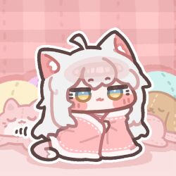  1girl ahoge animal_ears blue_eyes blush_stickers cat_ears cat_tail chibi chibi_only commentary_request full_body jitome kommy_(trickcal) korean_commentary long_hair monyami pink_blanket stuffed_animal stuffed_cat stuffed_dog stuffed_toy tail trickcal 