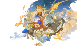  3girls absurdres animal_ears arknights black_pantyhose blonde_hair box bug cat_ears cat_girl cat_tail chibi clouds cloudy_sky dragon_girl dragon_horns dragon_tail fire flower fly gift gift_box green_hair harmonie_(arknights) highres horns jacket lin_qing_(phosphorus_1104) multiple_girls multiple_views necrass_(arknights) pantyhose reed_(arknights) reed_the_flame_shadow_(arknights) scarf sky sleeping star_(symbol) tail tree white_background white_hair white_jacket 