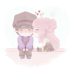 1boy 1girl absurdres aivy_lovencraft blush chibi craftito fanart happy_valentine hat highres indie_virtual_youtuber keptnis kiss long_hair pink_hair simple_background sitting valentine virtual_youtuber vtuber vtuberfanart