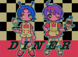  1boy 1girl ahoge antennae blue_eyes blue_hair blue_outline burger chibi chibi_only closed_mouth commentary_request english_text food hair_ornament hairclip highres holding holding_tray looking_at_viewer looking_to_the_side menma_(enaic31) one_eye_closed original outline puffy_short_sleeves puffy_sleeves purple_hair red_shirt roller_skates shirt short_hair short_sleeves shorts skates socks thigh-highs tray twitter_username white_shorts white_socks white_thighhighs 