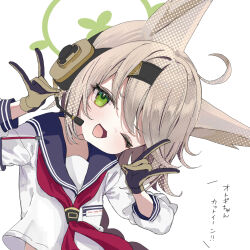  1girl animal_ears blonde_hair blue_archive blue_sailor_collar braid commentary double_fox_shadow_puppet fox_ears fox_girl fox_shadow_puppet green_eyes headphones implied_extra_ears inaba_reito long_braid long_hair neckerchief one_eye_closed otogi_(blue_archive) red_neckerchief sailor_collar shirt single_braid solo white_shirt 