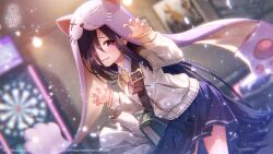  1girl animal_ears animal_hood bag black_hair black_skirt blurry blurry_background blush book cardigan cat_ears claw_pose collared_shirt copyright_name copyright_notice cowboy_shot dartboard depth_of_field detached_hood dutch_angle fake_animal_ears fingernails fish_ornament glint hair_over_one_eye hands_up heaven_burns_red highres hood indoors leaning_forward light_particles long_bangs long_hair official_alternate_costume official_art official_wallpaper one_eye_covered open_mouth pleated_skirt red_eyes rolled-up_paper satchel school_bag school_uniform shirt skirt solo straight_hair sweatdrop tenne_miko tenne_miko_(the_great_yamawaki's_minion:_the_magicat) very_long_hair wavy_mouth white_shirt yellow_cardigan 