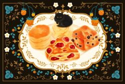  animal berry biscuit_(bread) black_cat cat check_commentary commentary_request dessert food food_focus food_request highres looking_at_viewer moco_(11504) original paisley plate snack sweets tagme whiskers 
