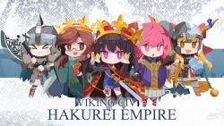  >_< 5girls ahoge alternate_costume armor axe battle_axe between_fingers bird black_hair blue_dress blue_ribbon blush_stickers book boots bow brown_eyes brown_hair building bun_cover cape chainmail chair chibi closed_mouth commentary crown curly_hair double_bun dress eagle english_commentary english_text fake_horns fang frilled_bow frilled_hair_tubes frills full_body fur_skirt fur_trim glasses gloves gold_crown gourd green_boots green_hair green_robe hair_bow hair_bun hair_tubes hakurei_reimu helmet highres holding holding_axe holding_book holding_gourd holding_ofuda holding_sword holding_weapon horn_ornament horn_ribbon horned_helmet horns ibaraki_kasen ibuki_suika knee_boots komano_aunn leather_armor long_hair long_sleeves looking_at_viewer multiple_girls ofuda ofuda_between_fingers oni open_mouth orange_hair pink_eyes pink_hair priest red_bow red_cape ribbon robe sleeveless smile standing sword tiara tohotopia touhou twintails usami_sumireko viking wanzilala16 warrior weapon wide_sleeves yarm_helmet 